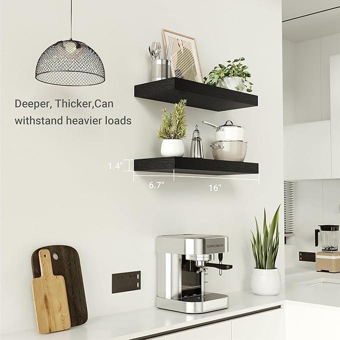 Vivelove Black Bathroom Shelves Over Toilet, 16" Floating Shelves, Wall Shelf for Bathroom Bedroom, Living Room, Kitchen, Office Home Decor, Narrow Shelves with Invisible Brackets Set of 2 - ModernBath