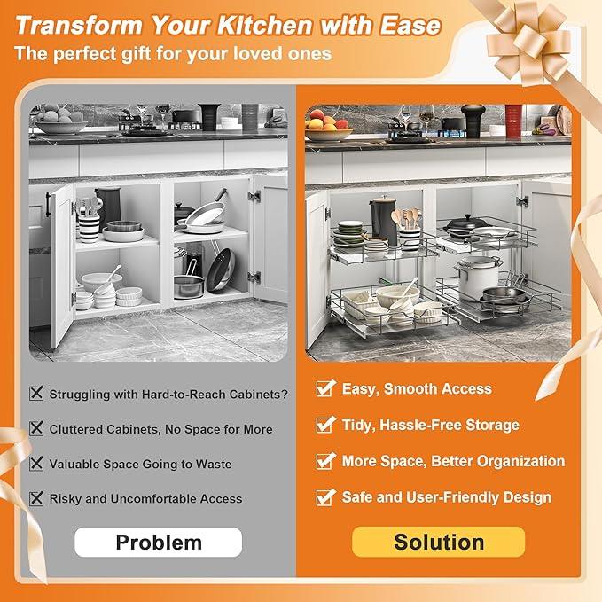 ALINE FURNITURE 2-Tier Pull Out Cabinet Organizer - 11" W x 22" D Soft Close Sliding Shelves with Shelf Liners - Pullout Drawers for Kitchen Cabinets, Pantry, Bathroom, Heavy Duty Steel Wire Baskets - ModernBath
