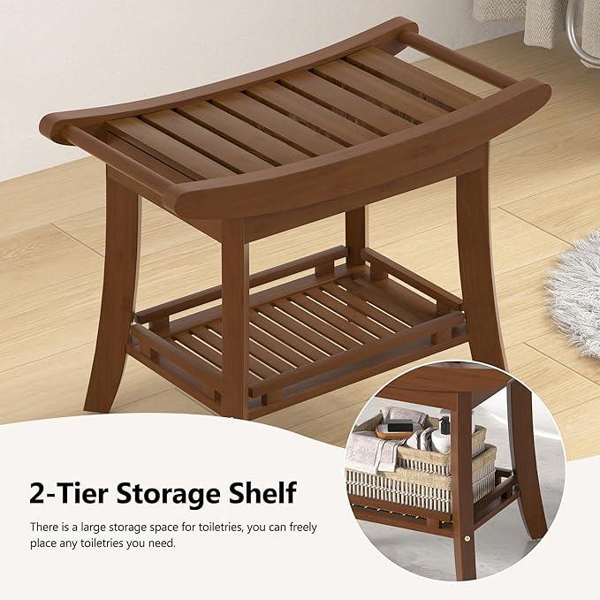 Eastglory Bamboo Shower Bench Chair Bathroom Shower Stool Seat for Inside Shower Bathtub with Storage Shelf Shower Foot Rest for Shaving Legs 25.2 x 13 x 19.2 Inches Chestnut Brown - ModernBath