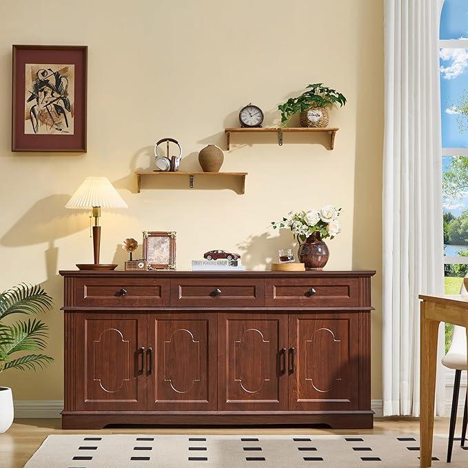 63" Buffet Sideboard Cabinet with 4 Doors and 3 Drawers, Modern Farmhouse Kitchen Storage Cabinet, Coffee Bar Cabinet with Adjustable Shelves, Kitchen Living Room Storage, Dining Room Cherry - ModernBath