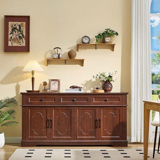 63" Buffet Sideboard Cabinet with 4 Doors and 3 Drawers, Modern Farmhouse Kitchen Storage Cabinet, Coffee Bar Cabinet with Adjustable Shelves, Kitchen Living Room Storage, Dining Room Cherry - ModernBath