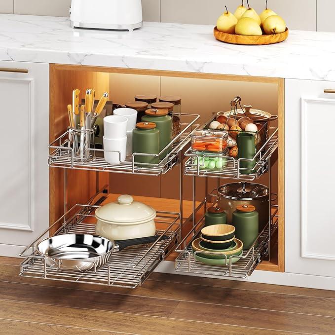 2 Tier Individual Pull Out Cabinet Organizer 22½" W x 21½" D, Heavy Duty Cabinet Pull Out Shelves, Slide Out Drawers Organization for Kitchen Cabinets Bathroom - ModernBath
