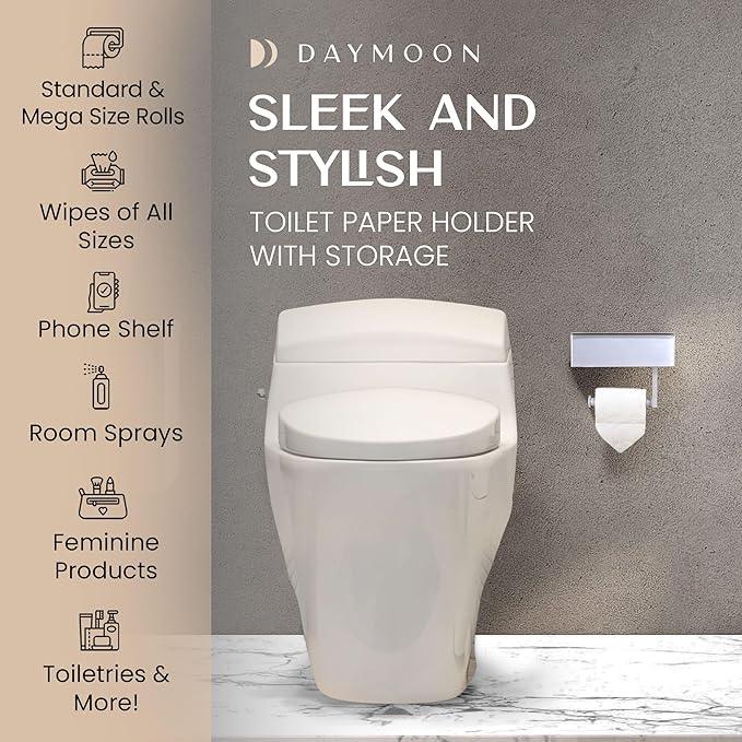 Day Moon™ White Toilet Paper Holder with Shelf - Wipe Holder for Bathroom, Flushable Wipes Dispenser, Toilet Paper and Wipes Holder - ModernBath