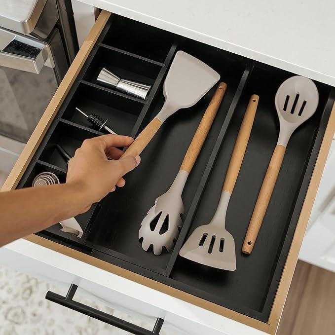 KitchenEdge Adjustable Kitchen Drawer Organizer for Utensils and Junk, Food-Safe Contract Grade with 100% Sustainable Wood, Expandable from 10.5 to 19 Inches Wide - Black Bamboo - ModernBath