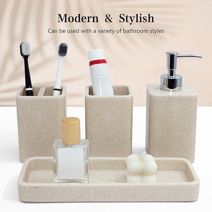 YMXYJM Bathroom Accessories Set, 4 Pcs Bathroom Accessory Set, Soap Dispenser, Toothbrush Holder, Qtip Holder Set, Bathroom Sets Complete, Bathroom Sink Set for Modern Home, Beige - ModernBath