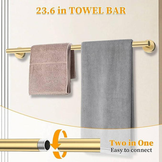 Brushed Gold Towel Bar Set 10 Pieces Round Bathroom Hardware Set Includes 23.6in Towel Bar Towel Ring Toilet Paper Holder Towel Hooks Stainless Steel Wall-Mounted Bathroom Towel Holder Set - ModernBath