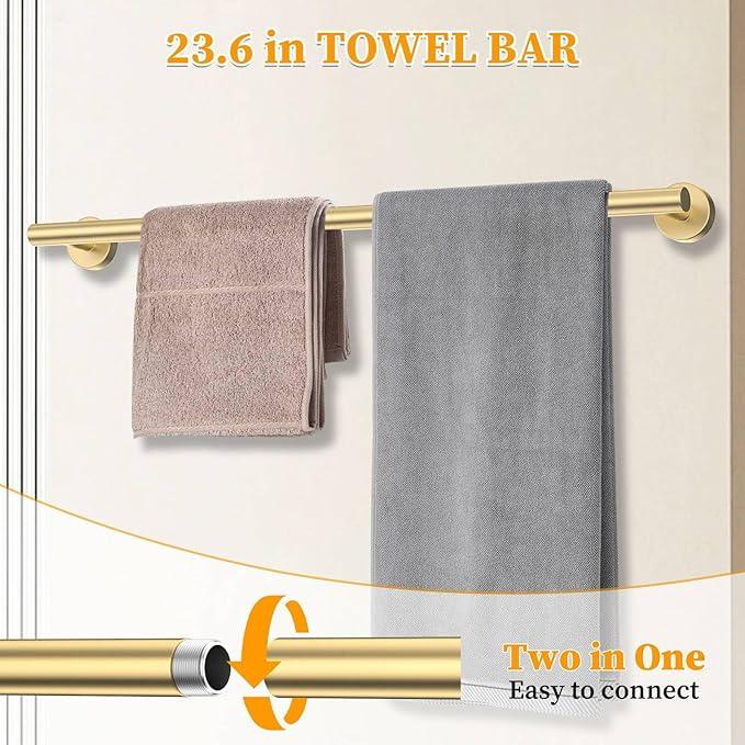 Brushed Gold Towel Bar Set 5 Pieces Round Bathroom Hardware Set Includes 23.6in Towel Bar Towel Ring Toilet Paper Holder Towel Hooks Stainless Steel Wall-Mounted Bathroom Towel Holder Set - ModernBath