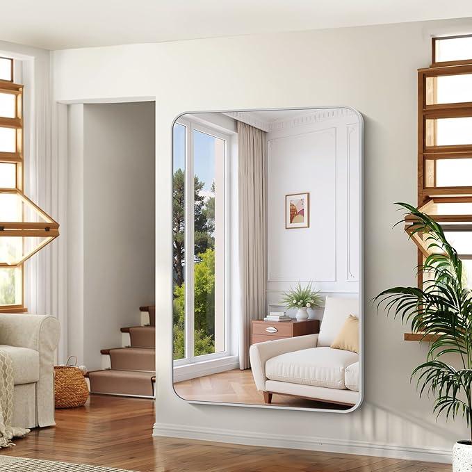 CIVENO 60x40 Inch Silver Bathroom Mirror, Large Rectangle Mirror, Metal Framed Rectangular Vanity Mirror, Rounded Corner Wall Mounted Mirror for Living Room Bedroom Entryway Horizontal or Vertical - ModernBath