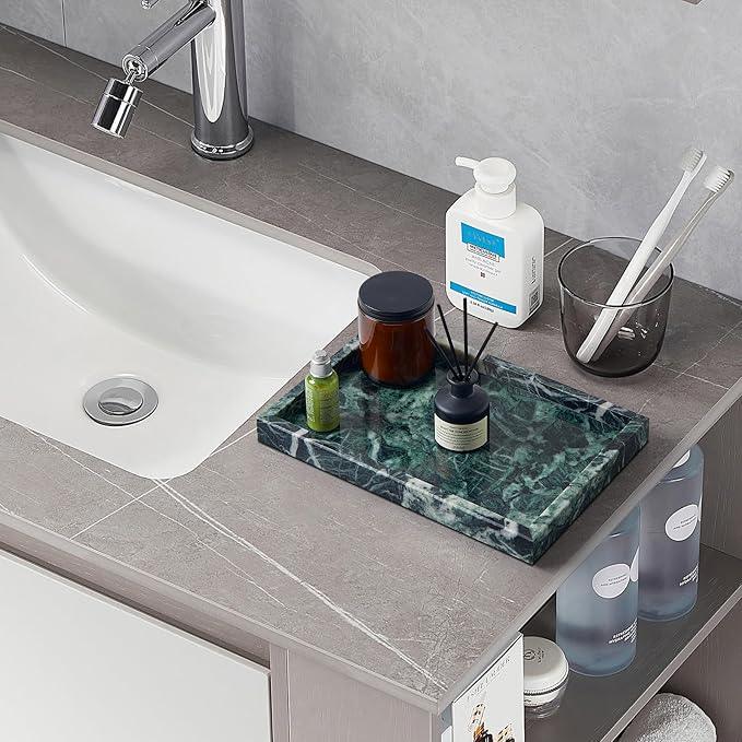 Zilukar Real Natural Marble Tray for Bathroom, Vanity, Kitchen and Desktop, Rectangle Genuine Marble Stone Tray for Jewelry, Cosmetics, Candles, Lotion, Perfume (Snowflake-Green, 12" x 8" x 1.2") - ModernBath