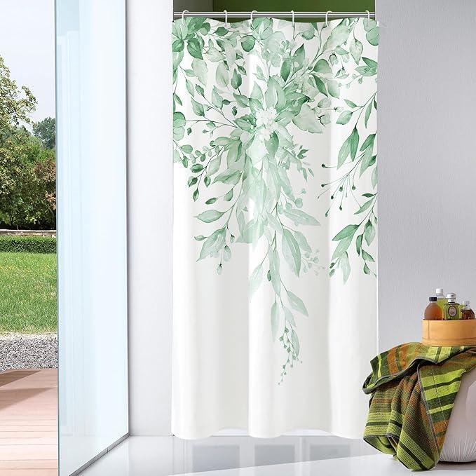 Gibelle Small Stall Shower Curtain 36 x 72, Narrow Half Mint Green Floral Shower Curtain for Bathroom, Watercolor Plant Eucalyptus Leaves Fabric Shower Curtain Set - ModernBath