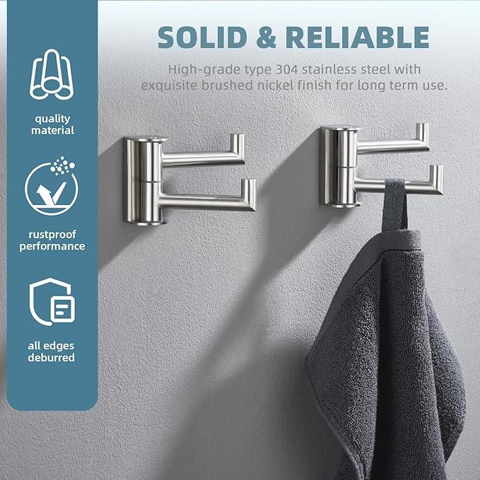Angle Simple Swivel Towel Double Hook 2 Pack, Brushed Nickel 304 Stainless Steel Bathroom Robe Hook - ModernBath