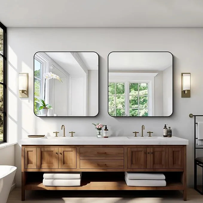 CIVENO Black Bathroom Mirrors for Wall, 30"x30" Square Mirror, Rounded Corner Metal Frame Wall Mirror, Bathroom Vanity Mirror for Bedroom Living Room Entryway Horizontal Or Vertical Mounting - ModernBath