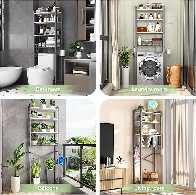 Over-The-Toilet Storage Rack, 4-Tier Bathroom Organizer Shelf Over Toilet with Adjustable Shelf and Basket, Freestanding Space Saver Bathroom Shelves Above Toilet for Room (Gray- White) - ModernBath