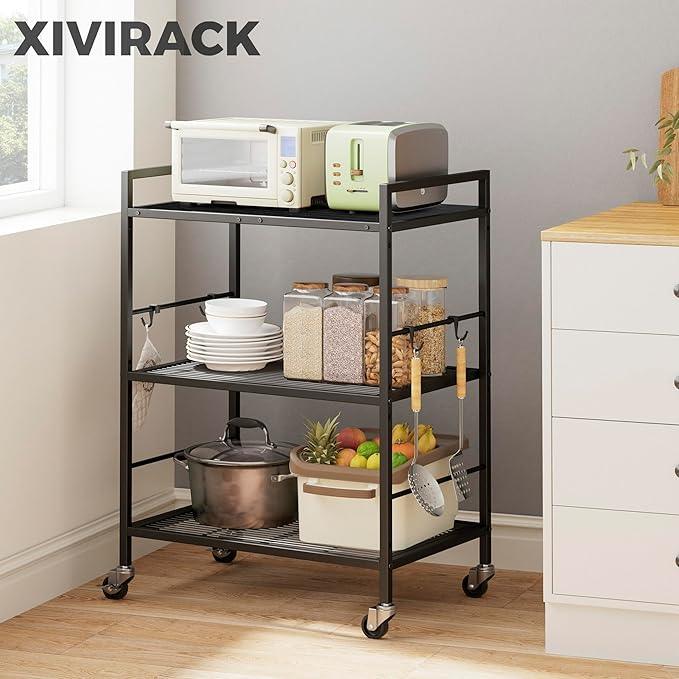 3-Tier Metal Storage Rack with Industrial Wheels,Mesh Shelving Unit with Wooden Table top,Adjustable Shelf,23.6-Inch Width,15.8-Inch Depth, for Kitchen, Laundry,Pantry,Plant,Black panel - ModernBath