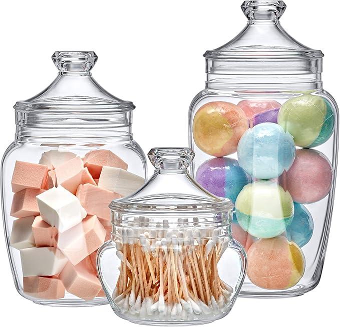 Amazing Abby - Embrace - Plastic Bathroom Canisters (3-Piece Set, 60/42/24 oz) (NOT Glass), Acrylic Apothecary Jars for Vanity, BPA-Free and Shatter-Proof, Great for Cotton Balls and Bath Sponges - ModernBath