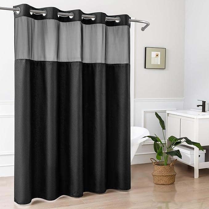 Mrs Awesome No Hook Shower Curtain with Snap-in Liner Less Time On/Off, Embossed Waffle-Look Textured Fabric Shower Curtain for Bathroom, Soft & Lightweight, 71x74, Black - ModernBath