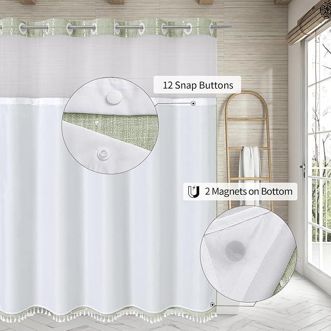 MitoVilla No Hooks Needed Farmhouse Shower Curtain with Snap-in Liner - with Window & Magnets, Boho Cotton Linen Fabric Shower Curtains with Tassels for Rustic Bathroom Decor, Sage Green, 72 x 74 - ModernBath