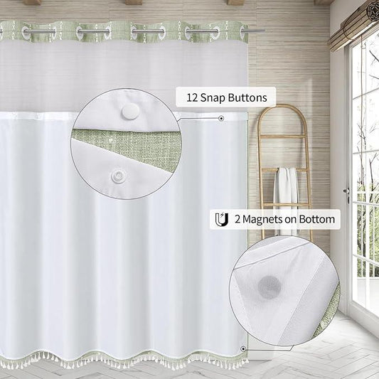 MitoVilla No Hooks Needed Farmhouse Shower Curtain with Snap-in Liner - with Window & Magnets, Boho Cotton Linen Fabric Shower Curtains with Tassels for Rustic Bathroom Decor, Sage Green, 72 x 74 - ModernBath