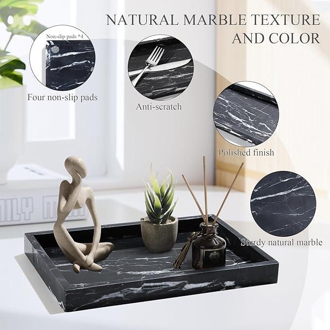 Real Natural Marble Tray for Bathroom, Genuine Marble Stone Vanity Tray, Luxury Storage Trays for Kitchen, Vanity, Home Decor, Dresser, Non-Resin/Non-Ceramic, 12"x 8"x 1.2", Black - ModernBath