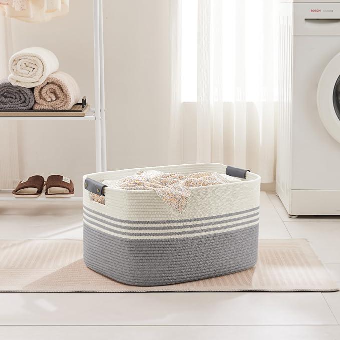 72L Large Laundry Basket with Leather Handles for Living Room Storage, Woven Rope Baskets Bin for Blanket, Kids Toy, Gifts, Wicker Hamper for Bedroom Dirty Clothes, 22"x17"x12" White Grey - ModernBath