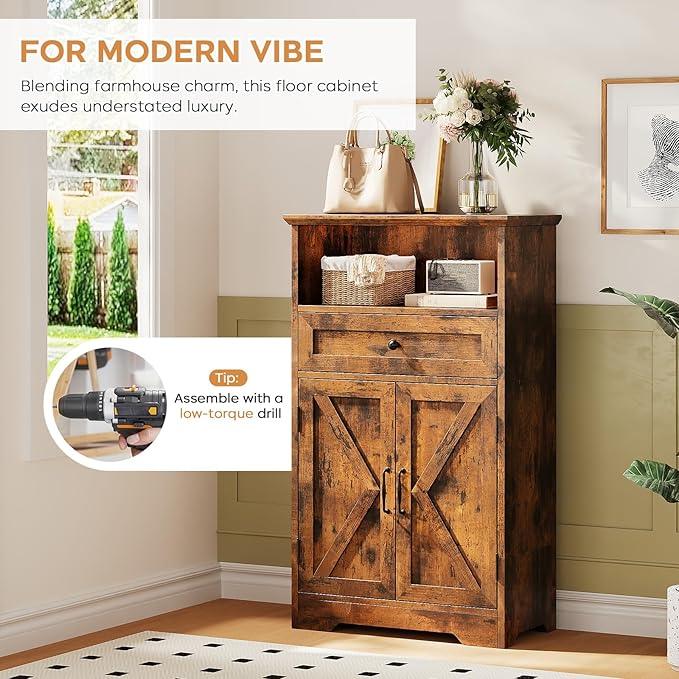 Floor Cabinet, Farmhouse Storage Cabinet with Barn Doors and Drawer, 11.81" D x 23.62" W x 39.37" H Rustic Brown Freestanding Adjustable Shelf Organizer for Bathroom, Kitchen, Living Room - ModernBath
