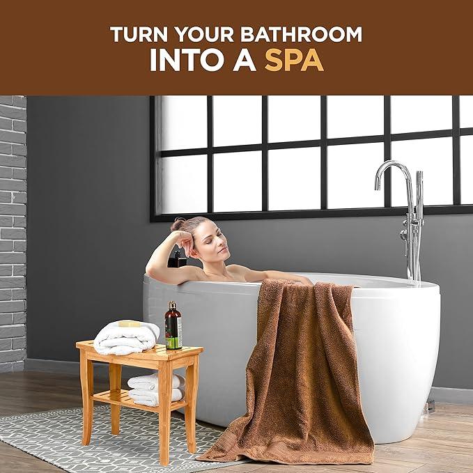 Bamboo Shower Bench - Small Wooden Shower Stool with Storage Shelf, Non-Slip Bathroom Seat, Spa Decor Bath Bench, Foot Rest Shaving Stool for Shower, Indoor Outdoor Use, Great Gift Idea (17" x 9 x 17) - ModernBath