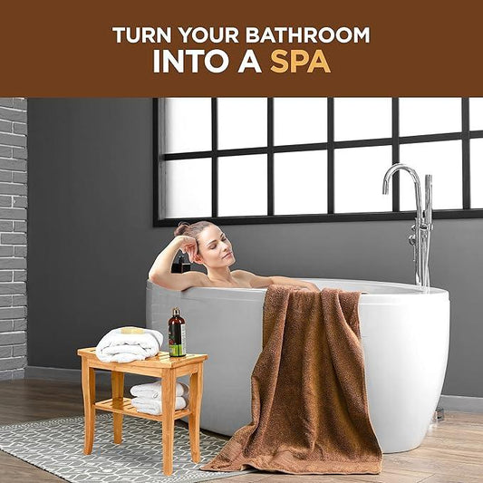 Bamboo Shower Bench - Small Wooden Shower Stool with Storage Shelf, Non-Slip Bathroom Seat, Spa Decor Bath Bench, Foot Rest Shaving Stool for Shower, Indoor Outdoor Use, Great Gift Idea (17" x 9 x 17) - ModernBath