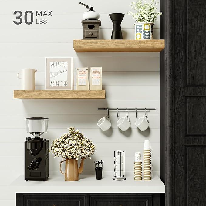 Vivelove Floating Shelves for Wall Mounted, 16 inchs Shelf for Small Bathroom, Bedroom, Living Room, Kitchen, Modern Home Decor, Rustic Farmhouse Wall Shelves with Invisible Brackets - Set of 2, Oak - ModernBath