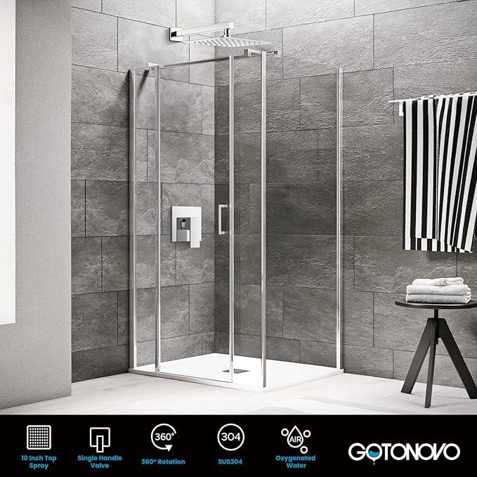 gotonovo Rainfall Shower Faucet Set System Shower Trim Kit with 10 Inch Rain Shower Head Bathroom Mixer Shower Complete Combo Single Handle Wall Mounted Female Thread Rough-in Valve Polished Chrome - ModernBath