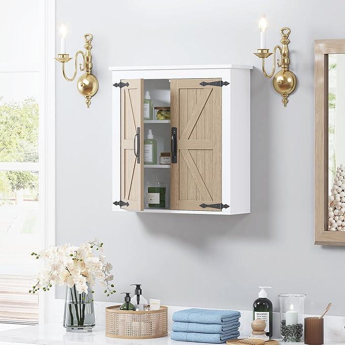 Spirich Bathroom Wall Cabinet Over Toilet, Farmhouse Wall Mounted Medicine Cabinet Organizer with Wood Grain Barn Doors and Adjustable Shelves - ModernBath