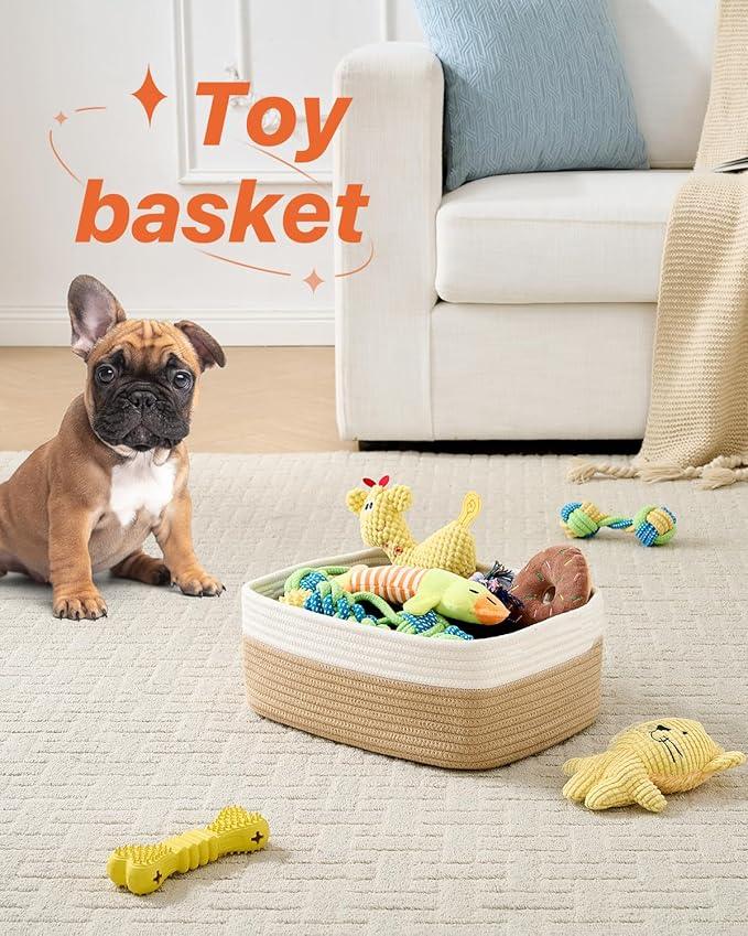 Small Woven Basket, 13.5 x 9.5 x 5 Inches, Storage Basket for Organizing, Cute Small Rope Shelf Closet Cube Storage Bins Baskets for Shelves, Dog Toy Gift Baskets Empty, 3 Pack White & Brown - ModernBath