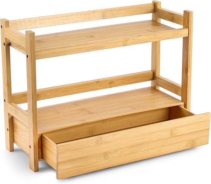 Sorbus Bamboo Bathroom Counter Organizer – 2-Tier Shelf with Hidden Drawer for Vanity, Matcha Station, Bathroom Sink Organizer Countertop, Kitchen & Office Storage (17″ L x 6.5″ W x 12.6″ H) - ModernBath