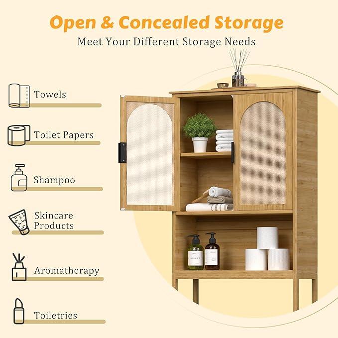 MUPATER 67''H Bamboo Over The Toilet Storage Cabinet, Bathroom Organizer Over Toilet with Rattan Doors, Freestanding Bathroom Storage Shelf Space-Saver, Natural - ModernBath