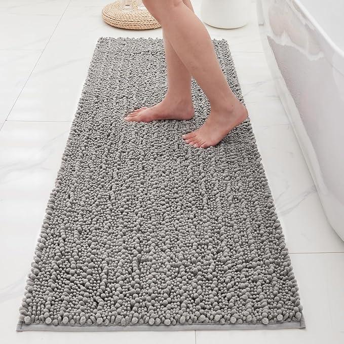 Ruggnovea Chenille Bathroom Rugs Non Slip Washable 70x24, Extra Thick Soft Absorbent Chenille Bath Mat, Non-Slip Barrier Backing, Quick Dry Machine Washable Bath Mats Tub, Shower,Floor/Sink,Grey - ModernBath