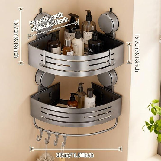 Structoline Corner Suction Cup Shower Caddy(2-Pack Gray),No-Drilling Aluminum Shower Shelf with Towel Bar & Hooks,Removable Bathroom and Kitchen Storage Organizer. - ModernBath