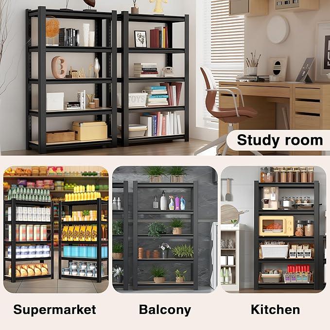 WORKPRO House 5-Tier Shelving Unit, 3000lbs Adjustable Storage Shelves, Boltless Book Shelf, Shelf Organizer for Kitchen, Living Room, Bathroom, Wood Grain Pattern, Waterproof Board, 24-1/10"W, Black - ModernBath