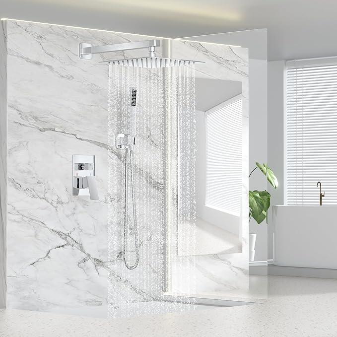FPXRNG Shower Faucet Set Bathroom Square Rain Shower Head and Handle Set, Wall Mounted Shower Fixtures, Full Metal Trim Repair Kit 12 inch Polished Chrome (With Shower Valve) - ModernBath