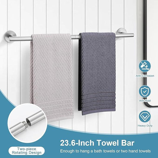 TQKAG 8-Pieces Bathroom Hardware Set Brushed Nickel SUS304 Stainless Steel Bath Towel Bar Set 23.6 Inch Round Bathroom Accessories Kit Wall Mounted - ModernBath