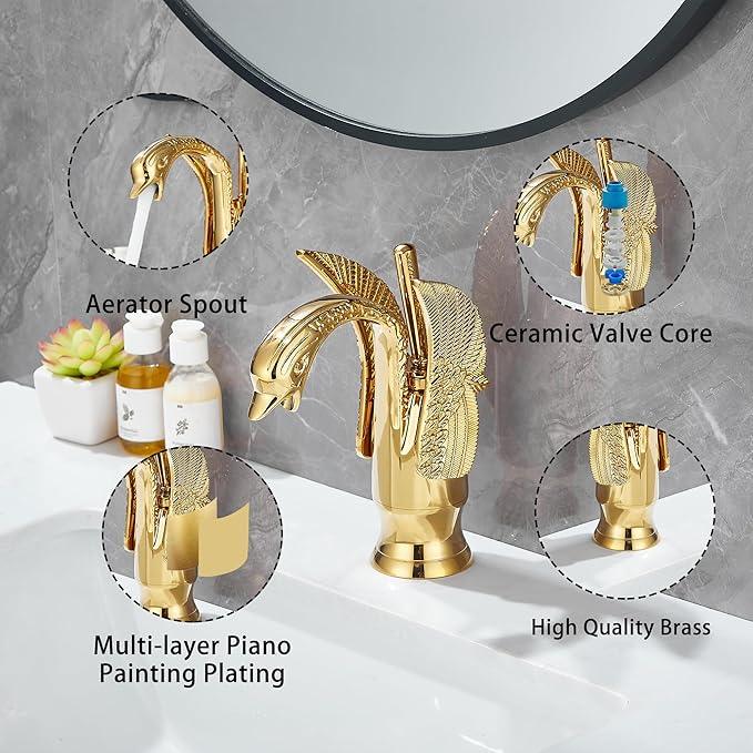 Gold Bathroom Faucet GGStudy Swan Shape Single Handle One Hole Bathroom Vanity Faucet Basin Tap Deck Mount Lavatory - ModernBath