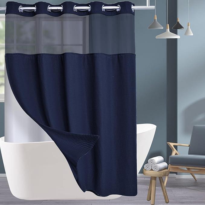 Conbo Mio No Hook Waffle Weave Shower Curtain with Snap in Liner Set, Hotel Luxury Navy Blue Shower Curtains for Bathroom with See Through Top Window, Waterproof, Washable 71W x 74H - ModernBath