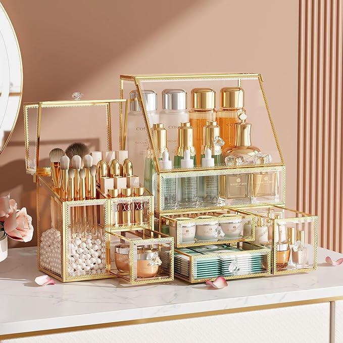 CoralHouse Clear Makeup Organizer with Gold Frame – Countertop Vanity Organizer for Skincare, Lipsticks, Perfume & Brushes – Bathroom Cosmetic Storage Display Box - ModernBath