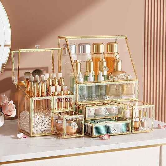 CoralHouse Clear Makeup Organizer with Gold Frame – Countertop Vanity Organizer for Skincare, Lipsticks, Perfume & Brushes – Bathroom Cosmetic Storage Display Box - ModernBath
