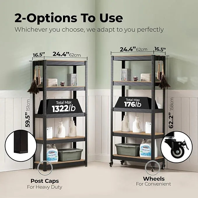 HOMEDANT House 24.4" 5-Tier Metal Rolling Cart Shelf Rack Casters Heavy Duty Laminated Wheel Shelving Unit Adjustable Utility Storage Shelves Shelf Kitchen Garage Black 1Pack - ModernBath
