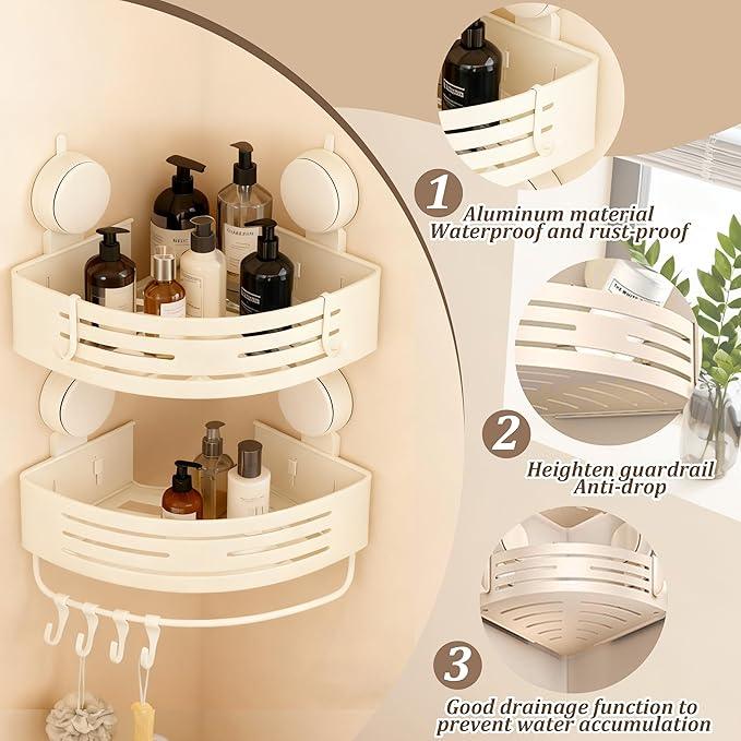 Structoline Corner Suction Cup Shower Caddy(2-Pack Cream White),No-Drilling Aluminum Shower Shelf with Towel Bar & Hooks,Removable Bathroom and Kitchen Storage Organizer - ModernBath