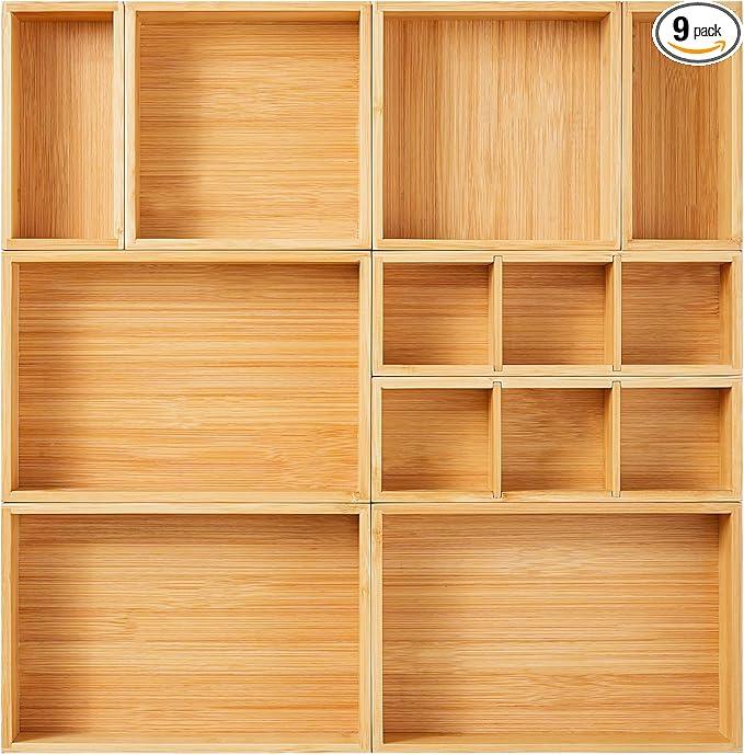 Fabsome Drawer Organizer, Set of 9 Bamboo Wood Kitchen Makeup Desk Junk Tea Drawer Storage Boxes Bins for Cutlery Silverware Utensils Flatware, Small Wooden Container Tray for Bathroom, Office - ModernBath