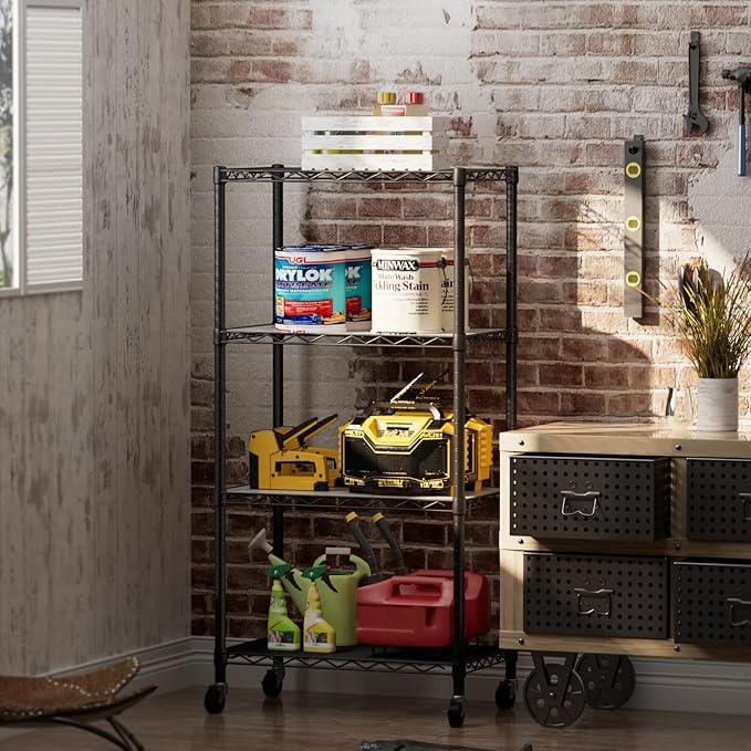 4 Tier Shelves Storage Shelf Wire Closet Bathroom Organizers Metal Pantry Kitchen Garage Shelving Unit Laundry Room Organization Home Rack Net Basket Black with Wheels 14”D X 24”W X 48.9”H - ModernBath