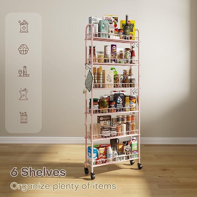 6 Tier Slim Rolling Storage Cart with Wheels, Metal Mobile Shelving Unit Organizer Utility Cart for Office Bathroom Kitchen Laundry Room Narrow Places (Pink 6 Inches) - ModernBath