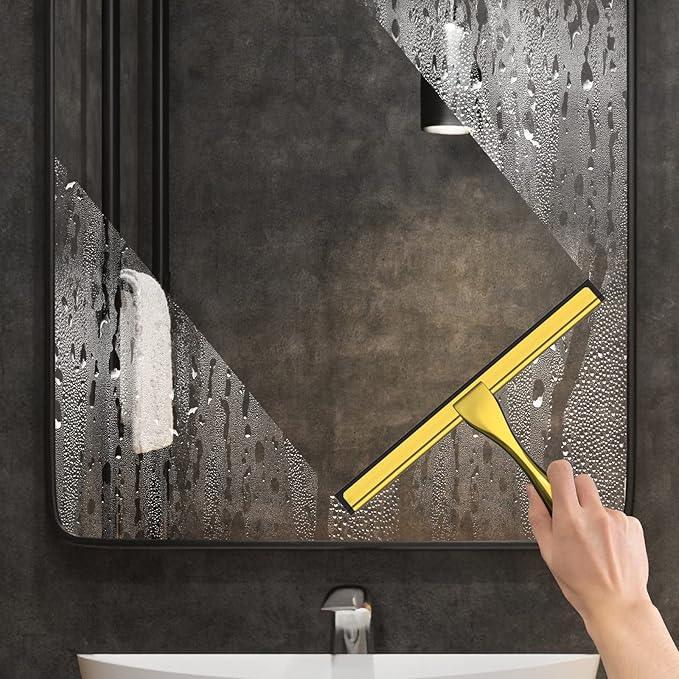 All-Purpose Stainless Steel Shower Squeegee for Shower Doors with 2 Adhesive Hooks, Bathroom Cleaner Tool Household Window Mirror Squeegee for Home Cleaning, Glass Door, Tile Wall, Car, 10 Inch Golden - ModernBath