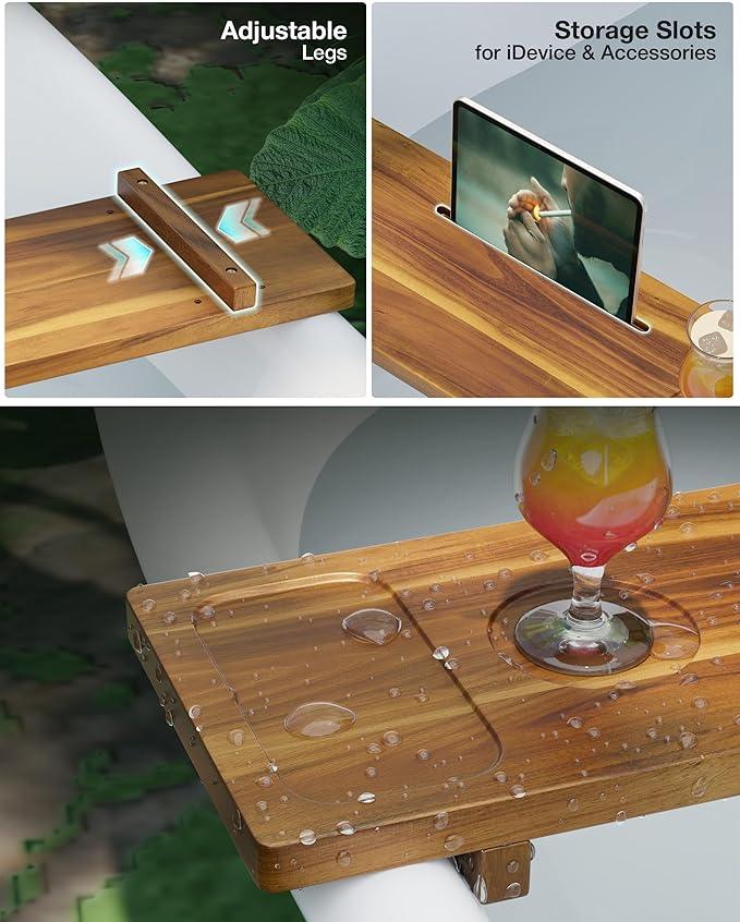 LotusSway Bathtub Tray, Acacia Bath Tray for Tub, 34.6''x9'' Wooden Bathtub Caddy Tray with Adjustable Legs Fit Various Bathtubs, Anti-Tipping, Sustainable Bath Table with Wine Glass and Tablet Holder - ModernBath