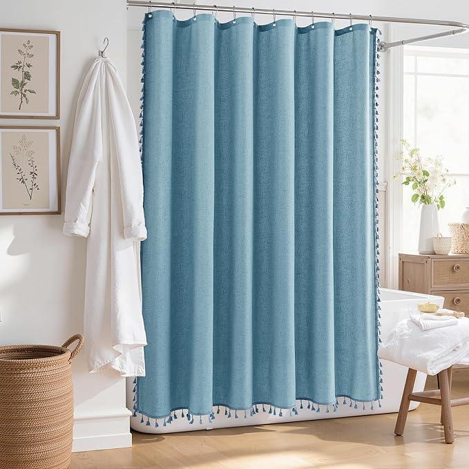 Nanspring Blue Boho Linen Shower Curtain Long Cloth Textured Fabric Shower Curtain Set with Hooks Neutral Modern Aesthetic Vintage Country Tassel Bath Curtain Bathroom Decor Water Repellent 72x78 - ModernBath